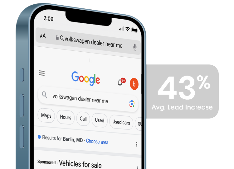 DealerOn Search Engine Optimization (SEO) Services for car dealerships, shows phone with search results page for car dealerships