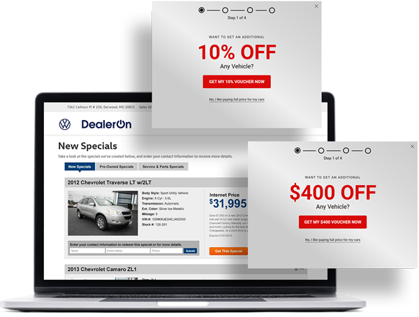 Exit-intent popups example, shows various exit-intent offers on a DealerOn website