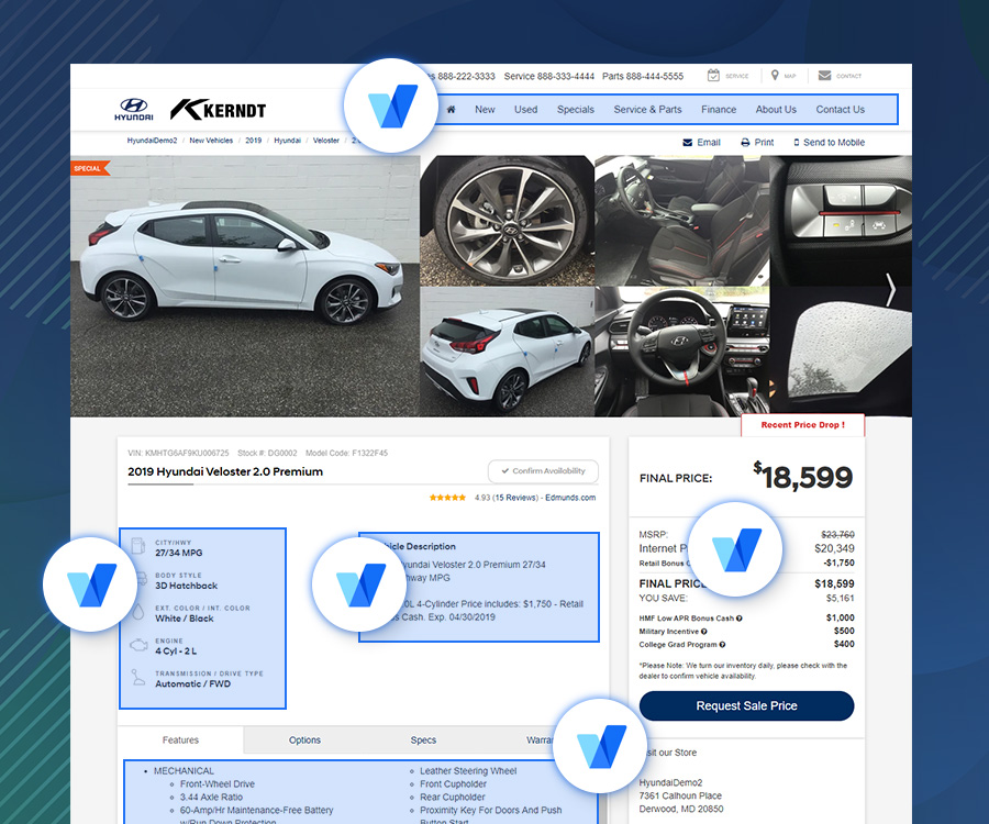 An image showing a DealerOn vehicle details page, with various text elements highlighted.