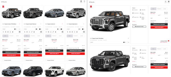 Screenshots comparing the Cosmos Search Results Page Grid and List Views