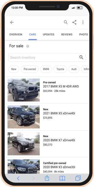 Phone showing Google Cars for Sale integration