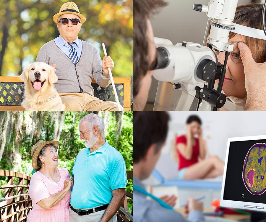 Collage of four photographs showing a blind man and his seeing-eye dog, a smiling older couple, a woman getting her eyes examined by a doctor, and a woman in a doctors office with an fMRI image on a screen.