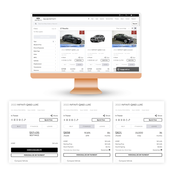 PriceStak For INFINITI, shows variety of pricing configurations available through PriceStak