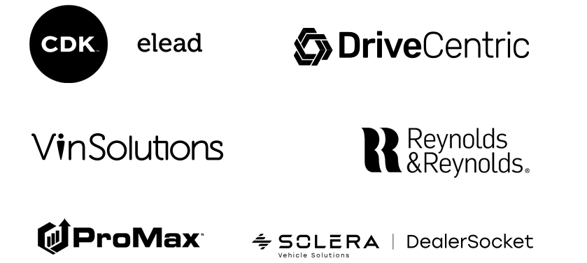 DealerOn Partners logos: CDK elead, DriveCentric, VinSolutions, Reynolds and Reynolds, ProMax, Solera, DealerSocket