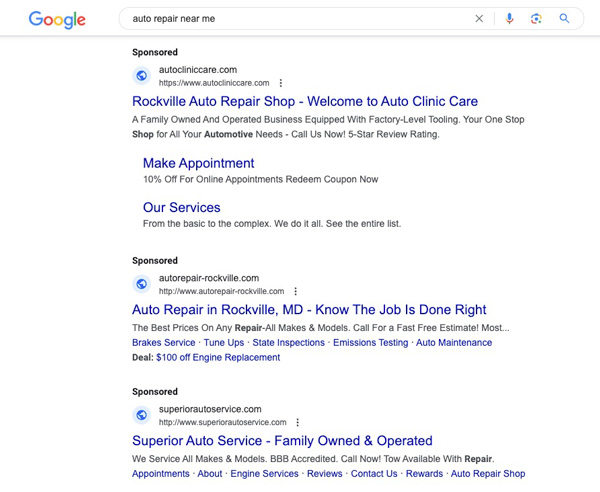 Example of SEM advertisement on Google, shows search results for a person looking for auto repair shops with sponsored posts