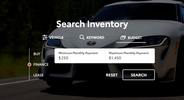 Screenshot showing DealerOn Shop-By-Budget feature, feature allows users to search for vehicles by monthly payment